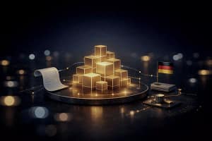 Cinematic visual of German localization services, where content is transformed into a glowing golden architecture, precisely targeted at the German market symbolized by a flag.