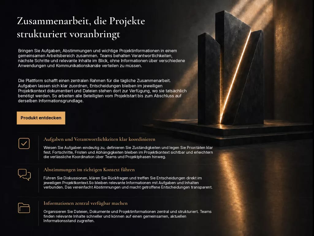 German software feature page about team collaboration, task coordination, contextual communication and centralized project information in a dark premium design.