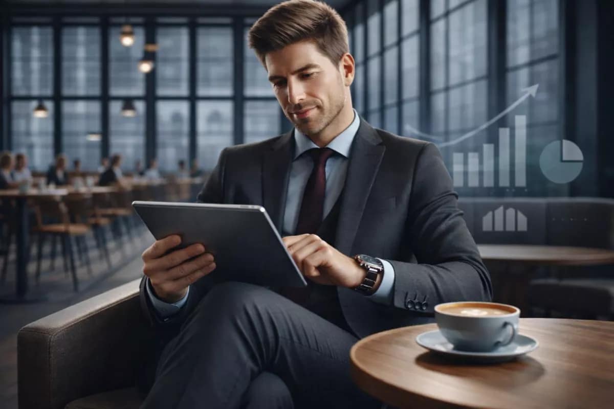 Business professional analyzing performance data on tablet with growth charts