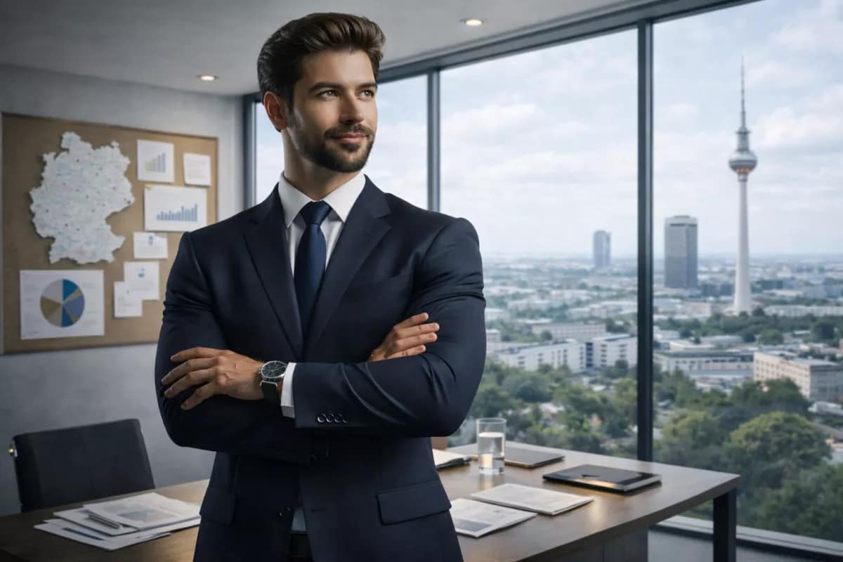 Business professional in a modern office with Berlin skyline, representing strategic B2B localization, market positioning, and brand authority through German Market Entry Services.