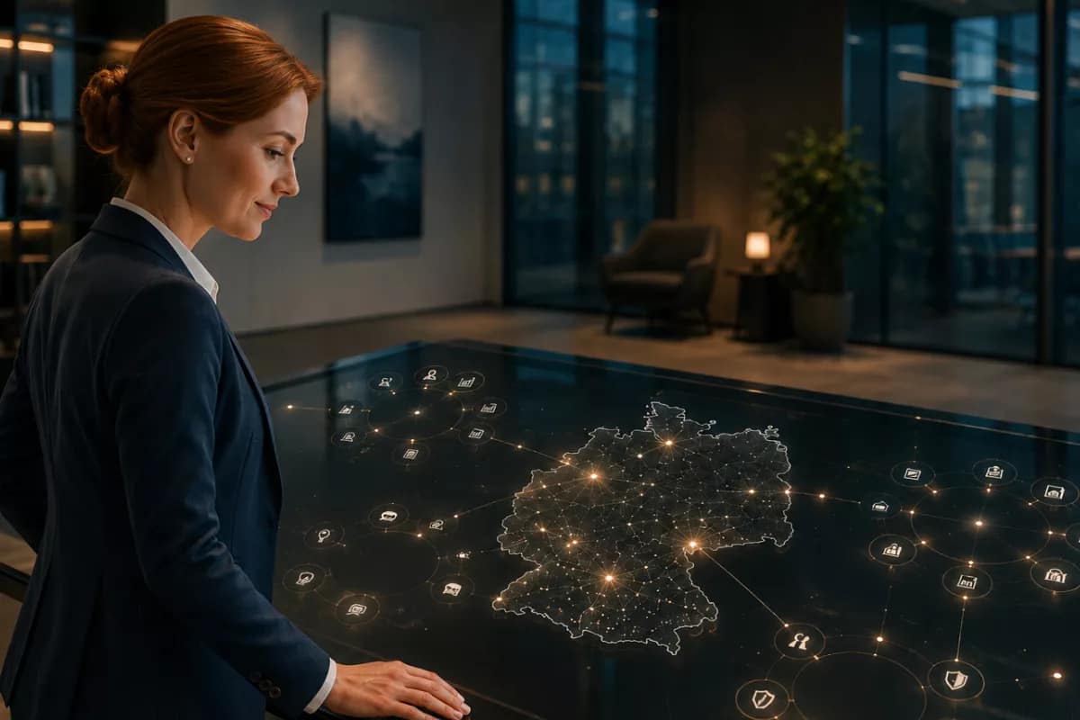 Professional woman reviewing a connected content map of Germany on a digital table, representing thought leadership content for Germany.