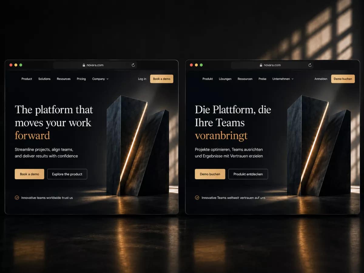English and German versions of a modern software website shown side by side to demonstrate consistent German software localization and user experience.