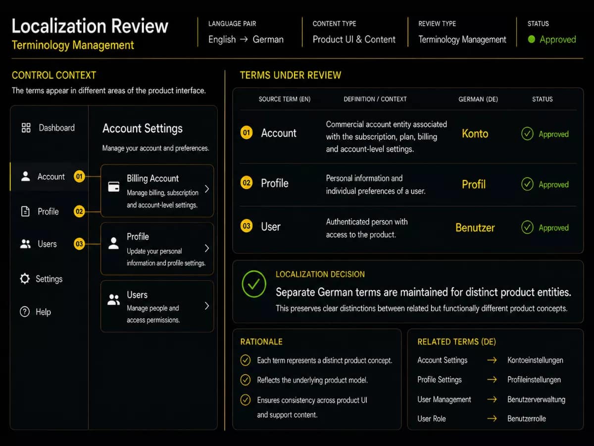 English-to-German terminology management review showing Account, Profile and User translated as Konto, Profil and Benutzer within a software localization workflow.