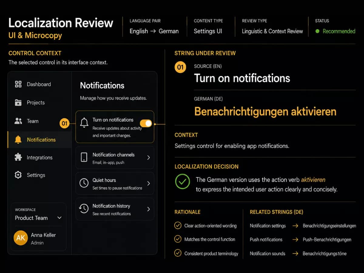 Portfolio example demonstrating English-to-German UI localization, microcopy, terminology management and localization review for software products.