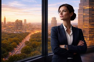 Business woman looking thoughtfully over a city skyline, representing strategic decision-making, market positioning, and business clarity for German B2B market entry services.